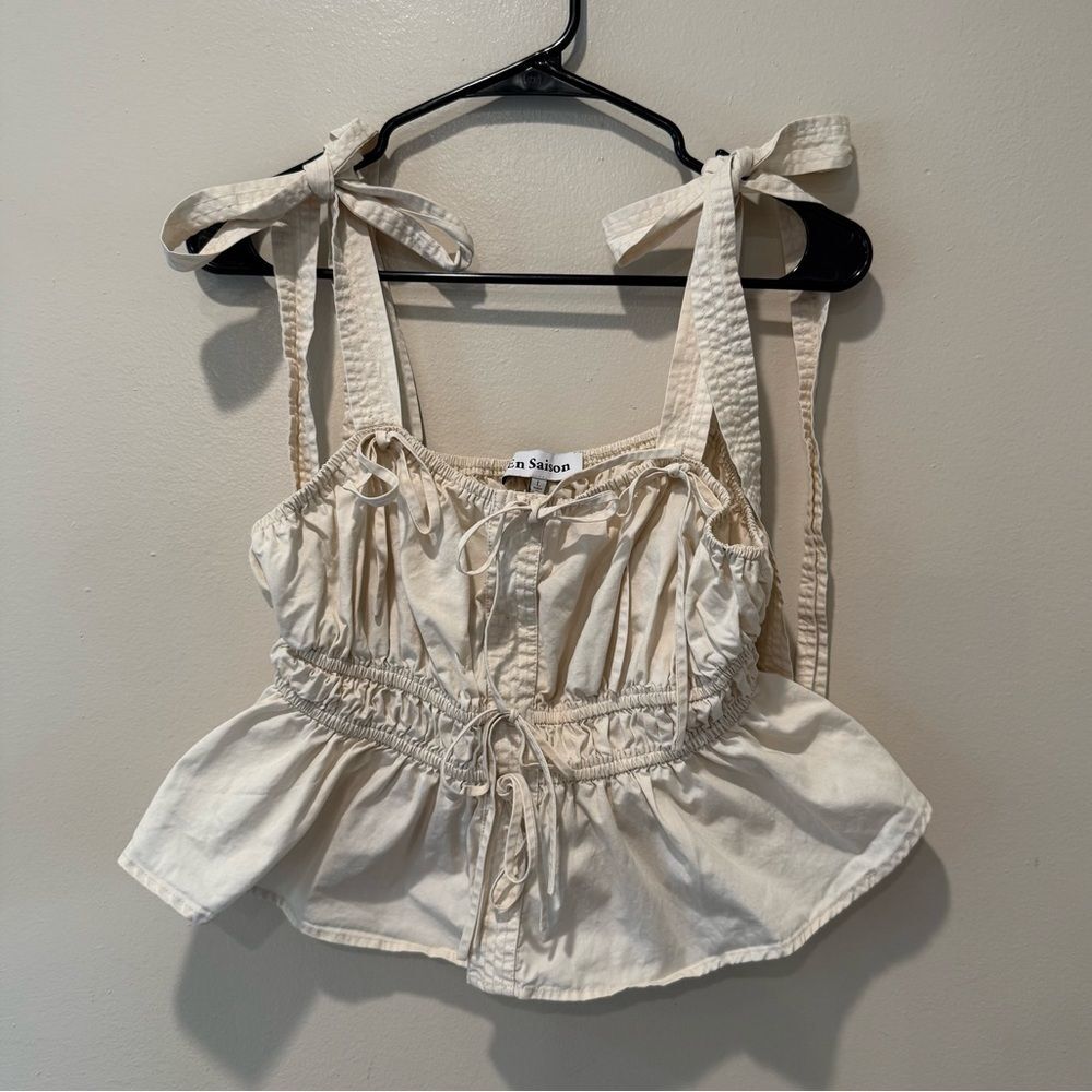 En Saison Women's Sveta Natural Multi Bow Tie Cotton Babydoll Top Size L